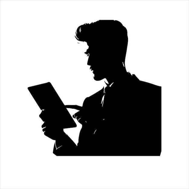 A man in a suit is holding a tablet Businessman stands with tablet vector silhouette