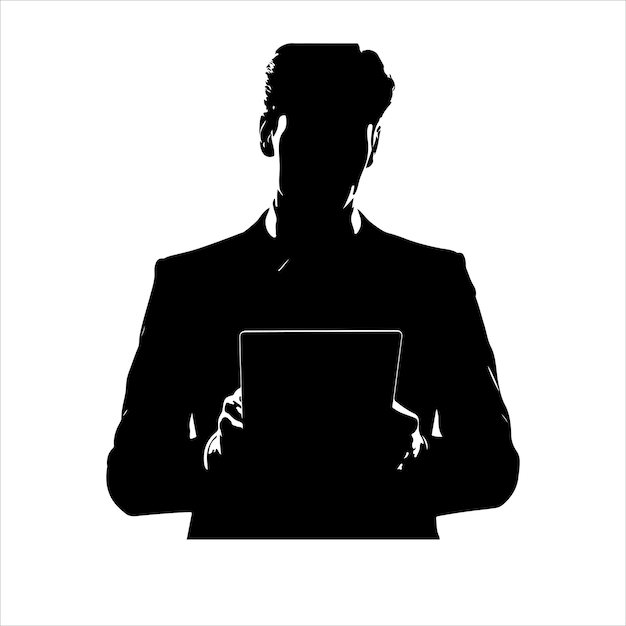 A man in a suit is holding a tablet Businessman stands with tablet vector silhouette