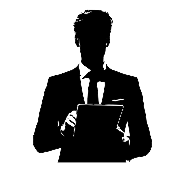 Vector a man in a suit is holding a tablet businessman stands with tablet vector silhouette