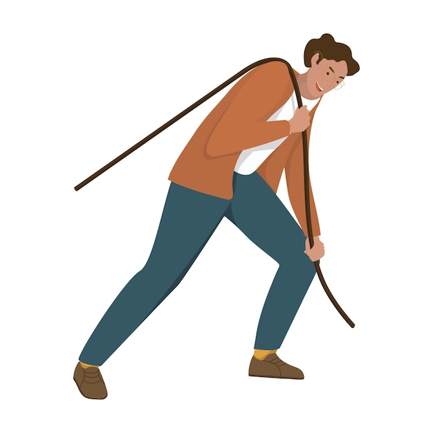 A man in a suit is pulling something with a rope Person manager in a pose pulling objects