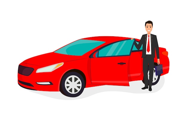 A man in a suit is standing next to a red car.