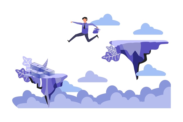 Vector a man in a suit jumps over a cliff with a blue sky and clouds