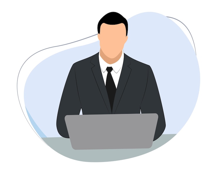 Vector man in suit sitting working on laptop. flat vector illustration working on a laptop
