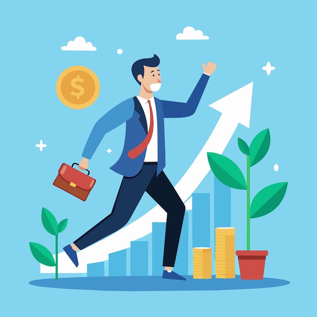 Vector a man in a suit sprinting upwards on a chart representing financial growth and investment businessman investment money growth simple and minimalist flat vector illustration