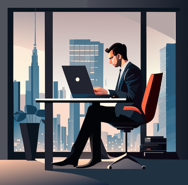 Vector man in suit working on modern laptop with city skyline view