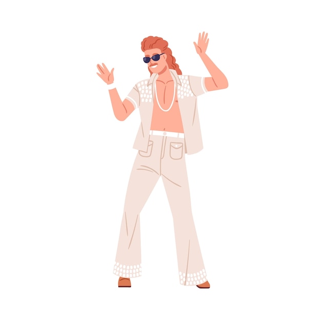 Man in sunglasses dancing in fashion 80s outfit to 1980s music at retro disco party. Person wearing apparel, clothes, hairstyle in eighties style. Flat vector illustration isolated on white background