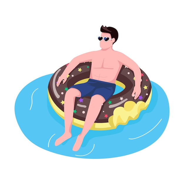 Vector man in sunglasses in donut air mattress semi flat color vector character
