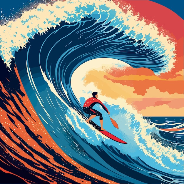 Vector man surfing big waves ocean illustration