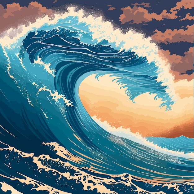 Man surfing big waves ocean illustration