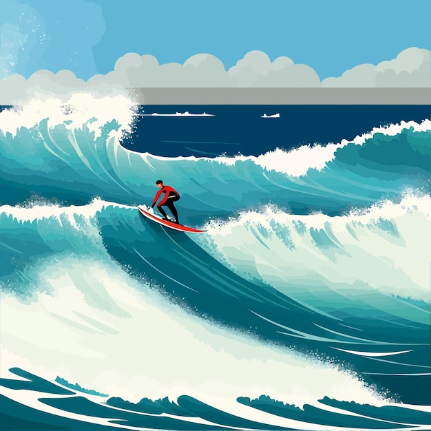 Vector man surfing big waves ocean illustration