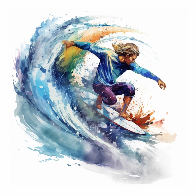 Vector man surfing watercolor paint ilustration