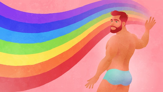 Vector man in swimsuit taking part in pride events. gorgeous red hair male painting rainbow to represent lgbt rights and movements. gay, bisexual, lesbian, and transgender activists. illustration.