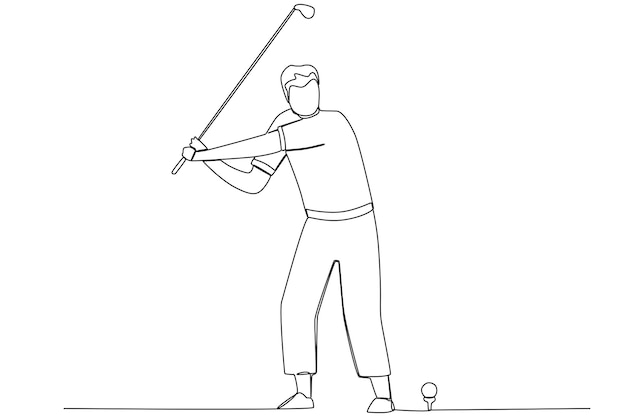 A man swinging the stick to shoot a golf ball one line art