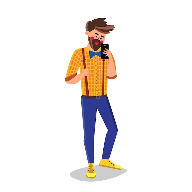 Vector man takes selfie on mobile phone camera vector. bearded hipster boy make selfie photography on smartphone gadget. character guy with digital device taking photo flat cartoon illustration