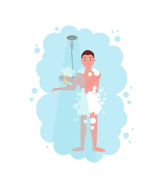 Вектор Человек принимает душ в облаке синего пара. парень с мыльной губкой в руках.