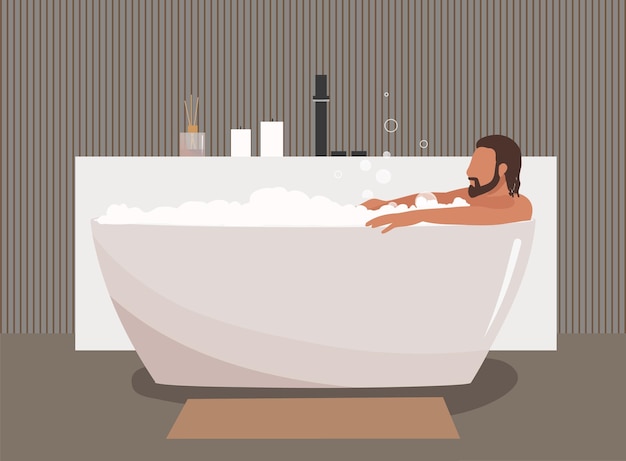 거품과 거품이 있는 현대적인 욕실에서 목욕하는 남자, 집에서 휴식, 바디 케어 개념