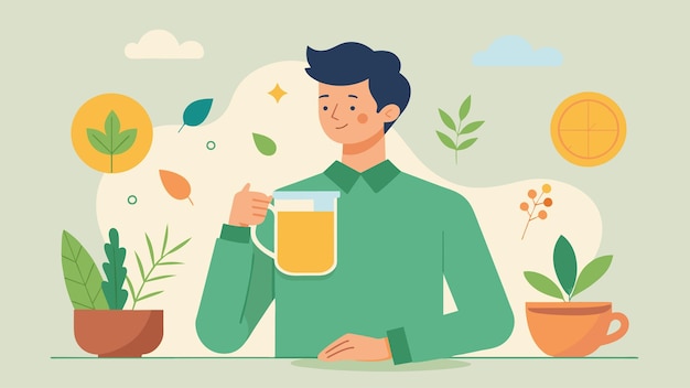 Vector a man taking a break from his busy day to enjoy a cup of herbal tea with illustrations of the