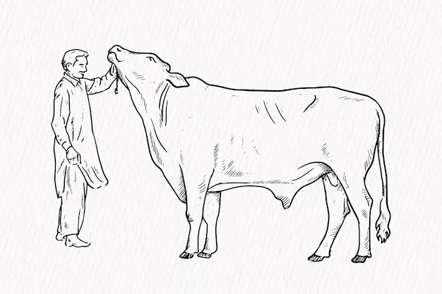 Man taking care and loving his cow For Qurbani line drawing