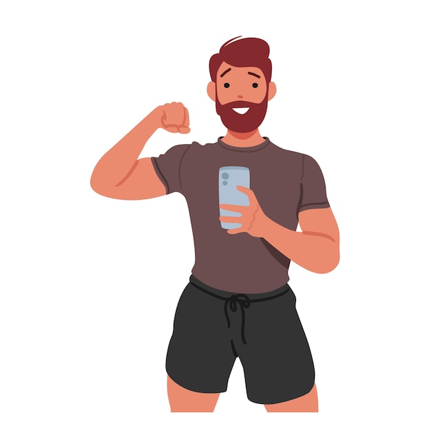 Vector man taking a gym selfie capturing his fitness journey he poses confidently in front of the mirror showcasing his progress and dedication to a healthy lifestyle cartoon people vector illustration