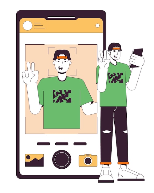 写真を撮る男フラット ライン コンセプト ベクトル スポット イラストフロント カメラで Selfie Web UI デザイン用の白で v サイン 2D 漫画のアウトライン文字を行う男編集可能な分離カラー ヒーロー イメージ