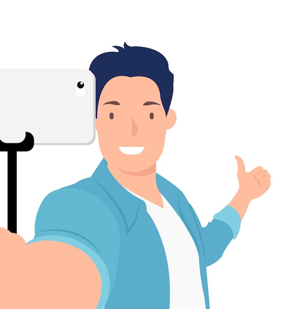 Vector man taking selfie photos with thumb up