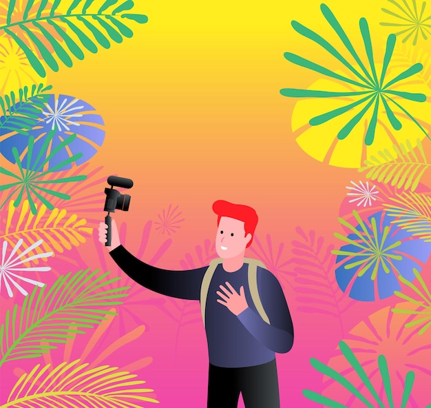 Vector man taking video using digital camera in front of colorful vegetation