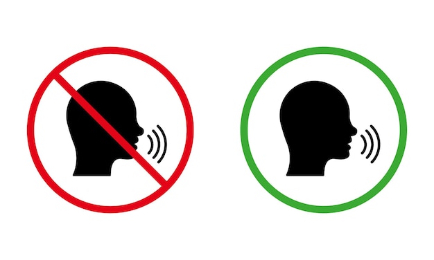 Man talk black silhouette icon set forbidden speak zone red round sign consenti speak area shout symbol