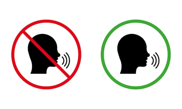 Man talk black silhouette icon set forbidden speak zone red round sign allow speak area shout symbol