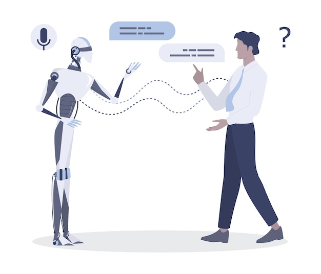 Man talking to robot. Conversation between man and artificial intelligence. Chatbot and technical support concept.  illustration 