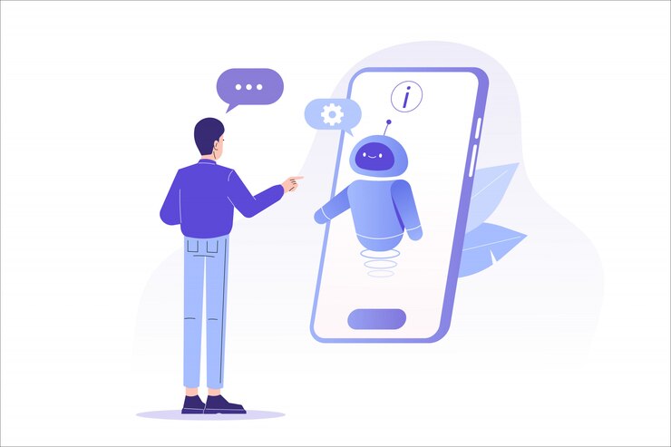 Vector man talking with chat bot in a big smartphone screen