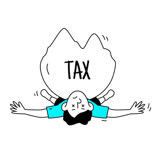 Vettore man under tax mountain doodle cartoon character debito fiscale e crisi del prestito e concetto di fallimento