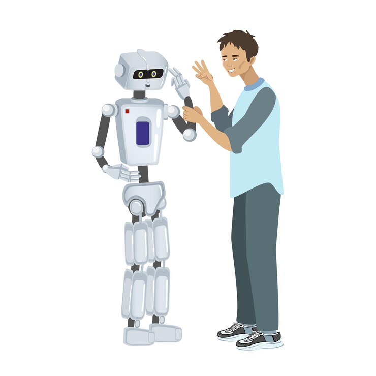 Vector the man teaches the robot movements and gestures. man and robot isolated on white background.