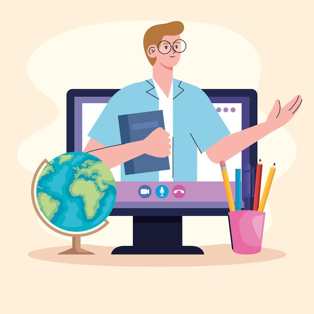 Vector man teaching online class in desktop computer illustration