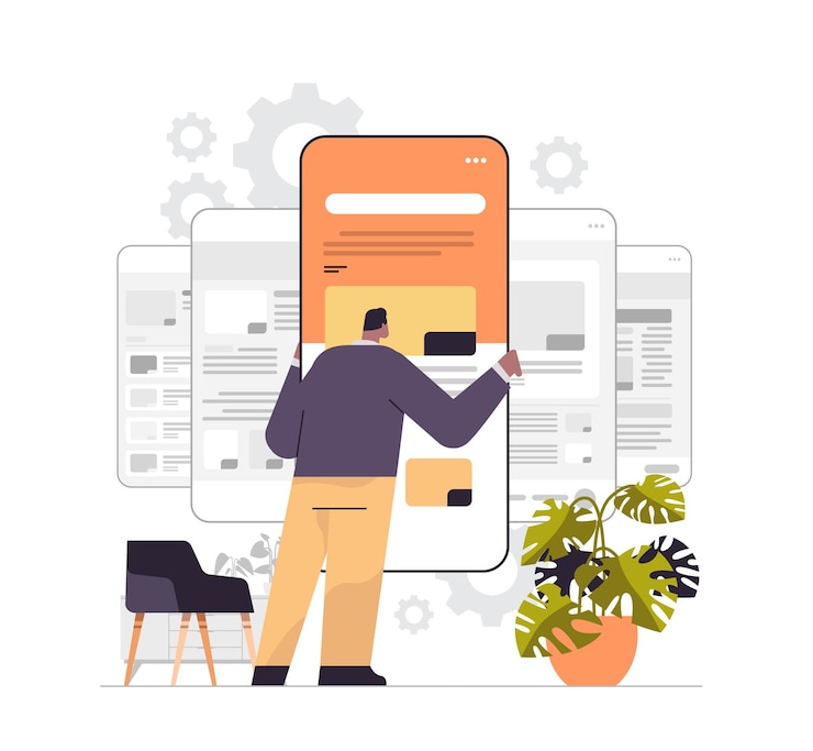 Vector man technician working on smartphone repairing mobile application setting option adjusting application operating system maintenance