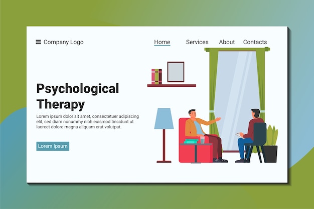 A man tell his problem to a psychiatrist. Psychological landing page template.