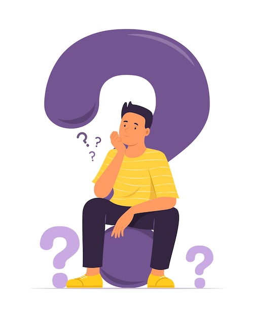 Vector man thinking and sitting on big question mark concept illustration