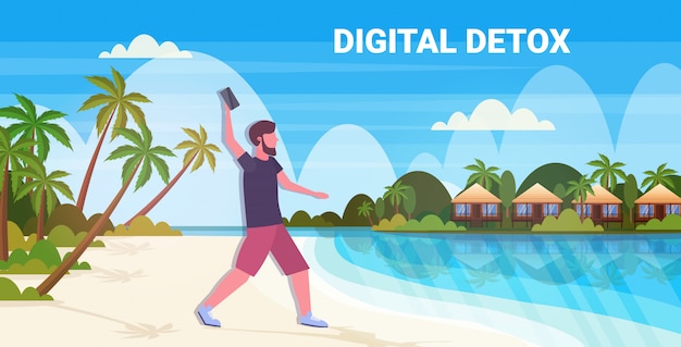 Man throwing away smartphone digital detox concept guy relaxing on tropical beach abandoning gadgets