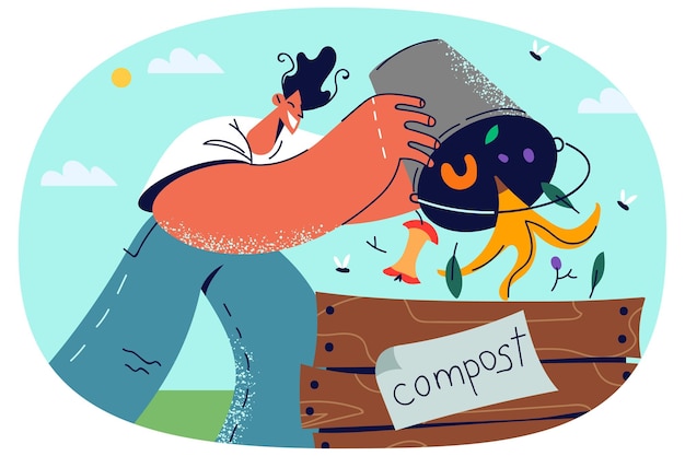 Uomo che getta i rifiuti organici nel bidone del compost sorridente uomo che ordina i rifiuti ricicla i rifiuti eco friendly e conservazione dell'ambiente illustrazione vettoriale