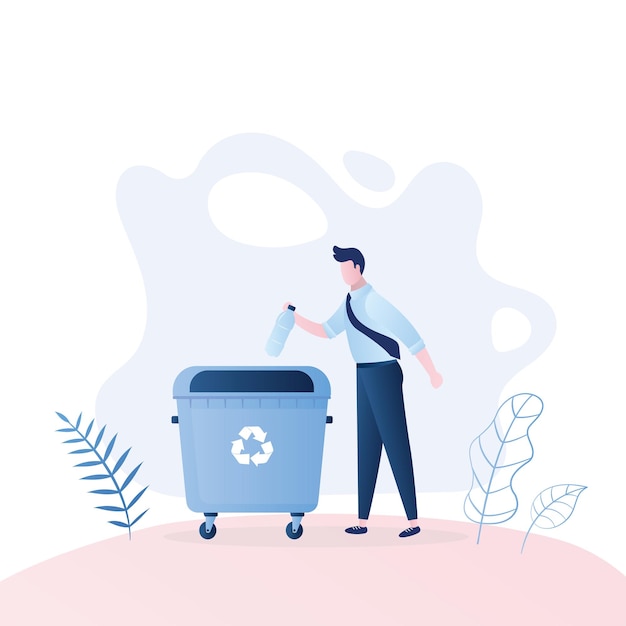 Man throwing plastic bottle garbage in big trash can Recycling and ecological vector illustration