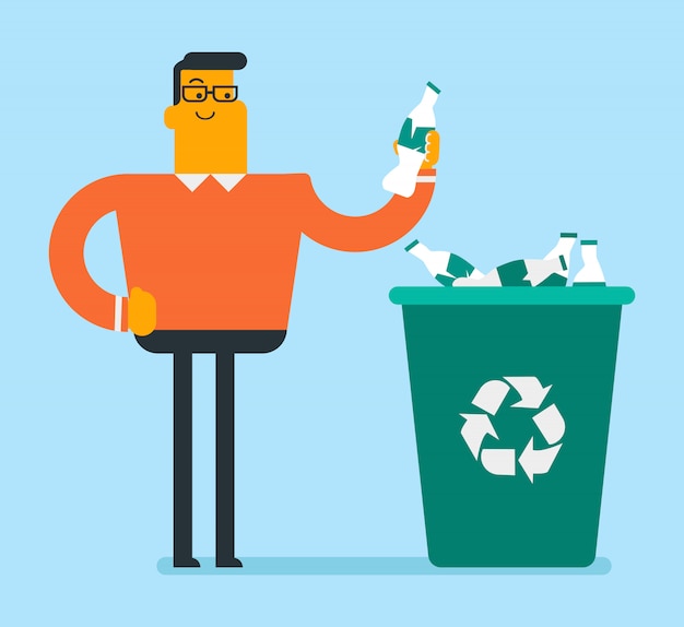 Man throwing plastic bottle into a recycling bin.