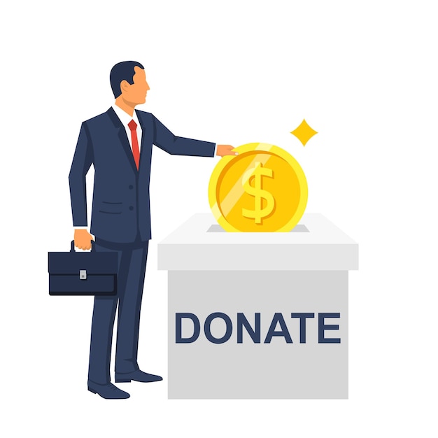 Man throws gold coin in a box for donationsGolden coin in hand Donate giving money Vector illustration flat style design