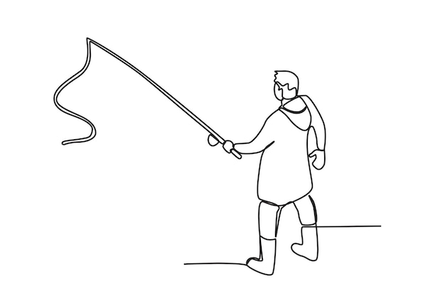 A man throws a hook into the sea Harbor activities oneline drawing