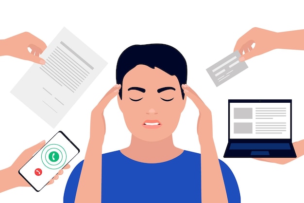Vettore l'uomo stanco nello stress del lavoro multitasking e oberato di lavoro tiene la testa per mano a causa del mal di testa