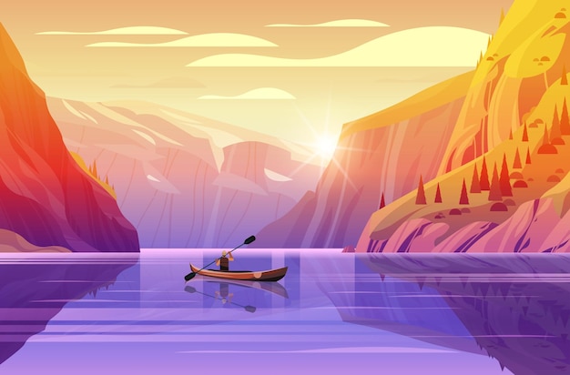 Man toerist reizen in boot langs berg rivier prachtig landschap natuur zonsondergang landschap achtergrond actieve zomervakantie concept