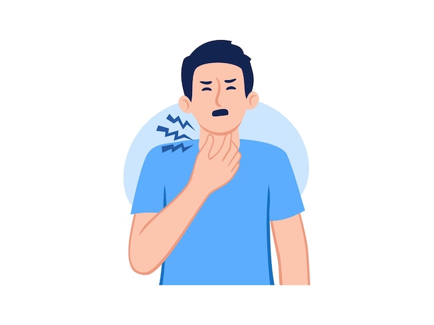 Вектор Мужчина трогает горло, болезненное воспаление шеи, боль в горле, вирус гриппа, трудно глотать
