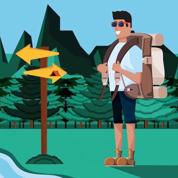 Man tourist in camping zone