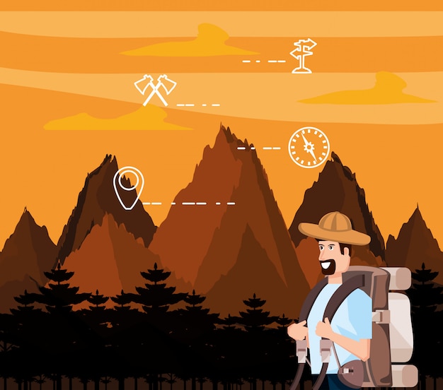 Man tourist in landscape with set icons