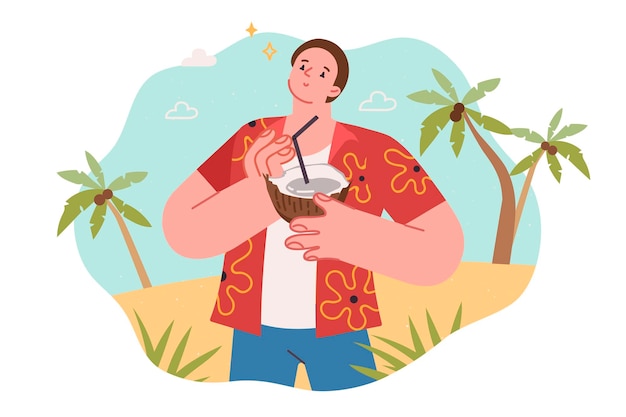 man tourist stands on beach and drinks coconut cocktail traveling around exotic island