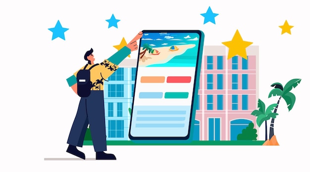 Vettore uomo con bagagli turistici che utilizza un'app mobile per cercare e prenotare alberghi online vacanze estive vacanze tempo per il concetto di viaggio