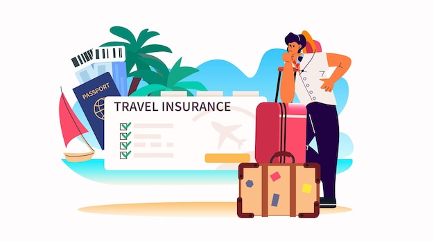 여권 티켓과 여행 보험 보안 종이 교통 여름 휴가를 읽는 수하물을 가진 남자 관광객